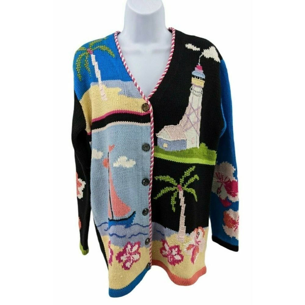 Vtg Storybook Knits Cardigan Sweater Tropical Beach Sequin Beaded Size Small‎
